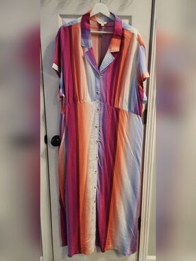 Terra & Sky Pink and Blue Stripped Button-Down Shirt Dress